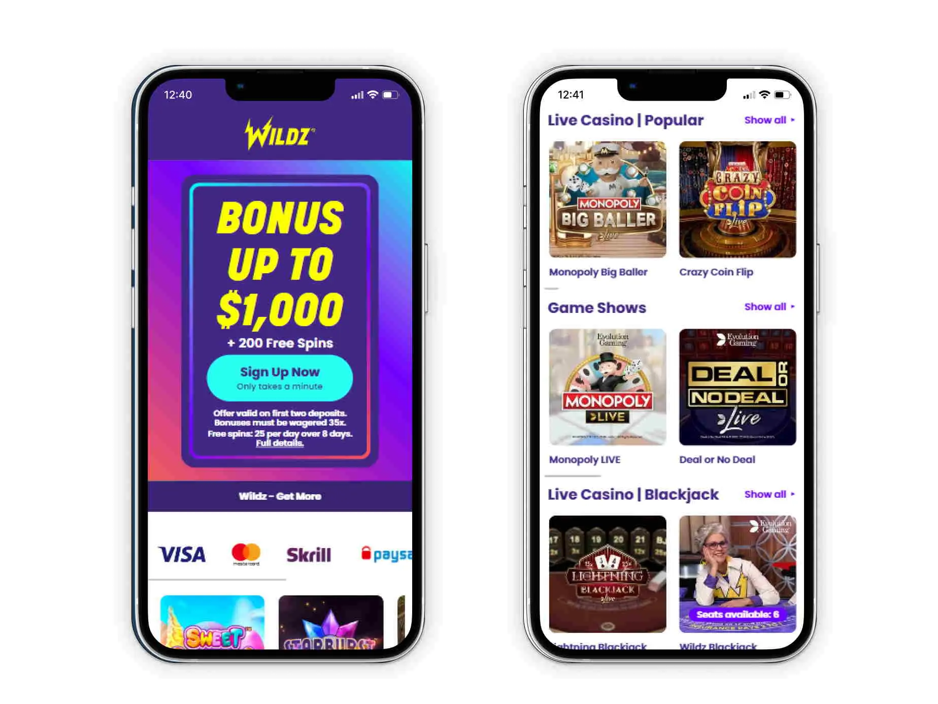 Registration in mobile app Wildz Casino