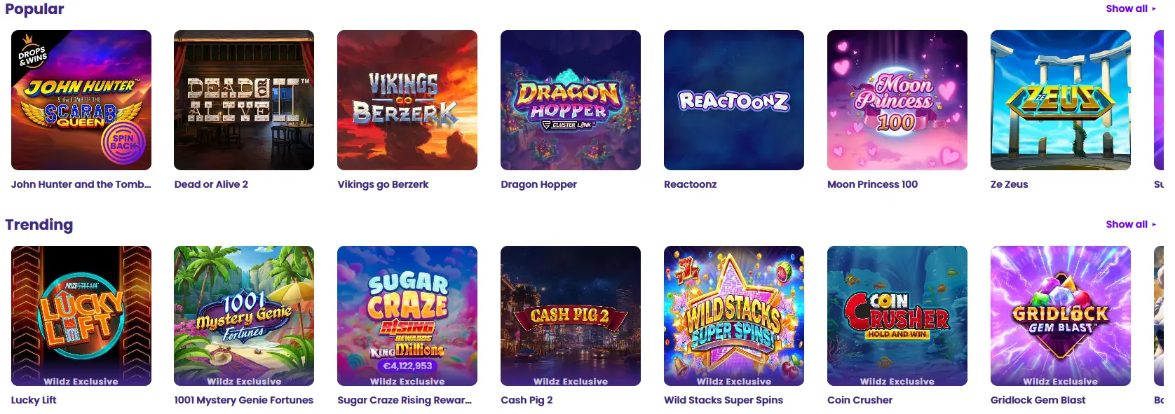 Popular slots at Wildz Casino